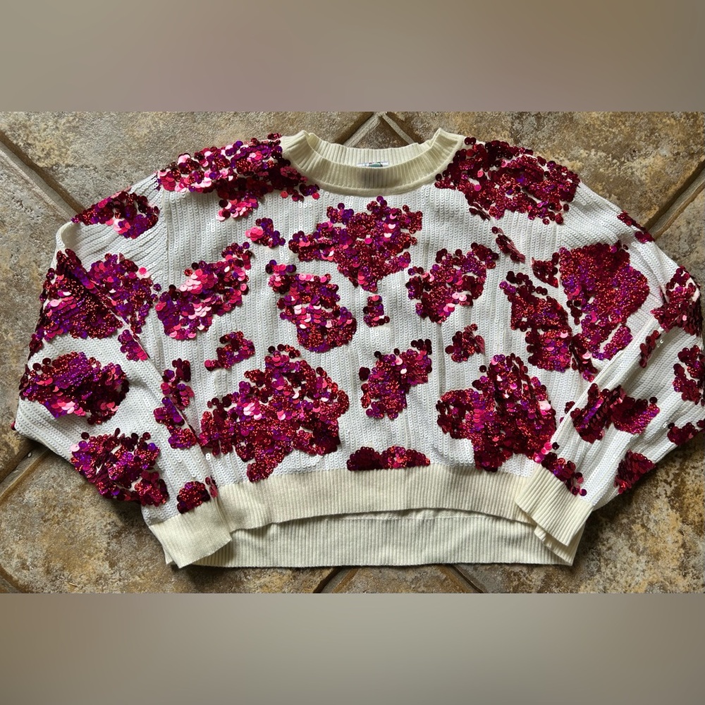 QOS White and hot pink cow print sequin sweater